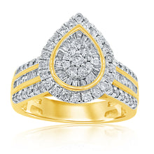 Load image into Gallery viewer, 9ct Yellow Gold 1 Carat Diamond Pear Shape Ring with 112 Brilliant &amp; Taper Diamonds