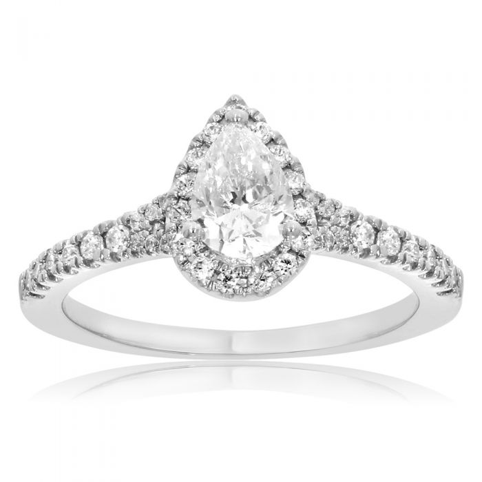 9ct White Gold 1 Carat Pear Cut Diamond Solitaire Ring with Brilliant Halo and Sides