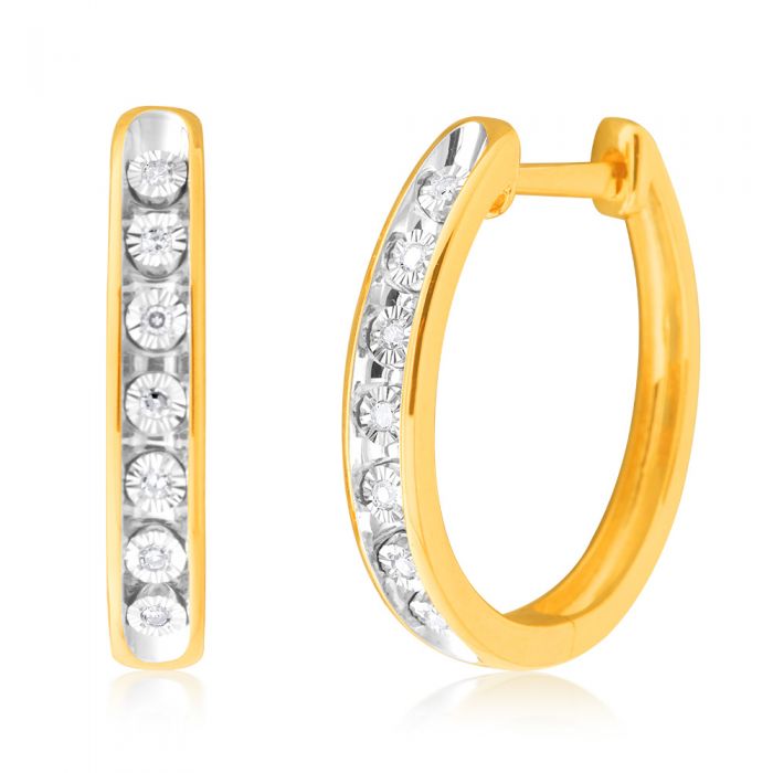 9ct Yellow Gold Diamond Hoop Earrings with 14 Brilliant Cut Diamonds
