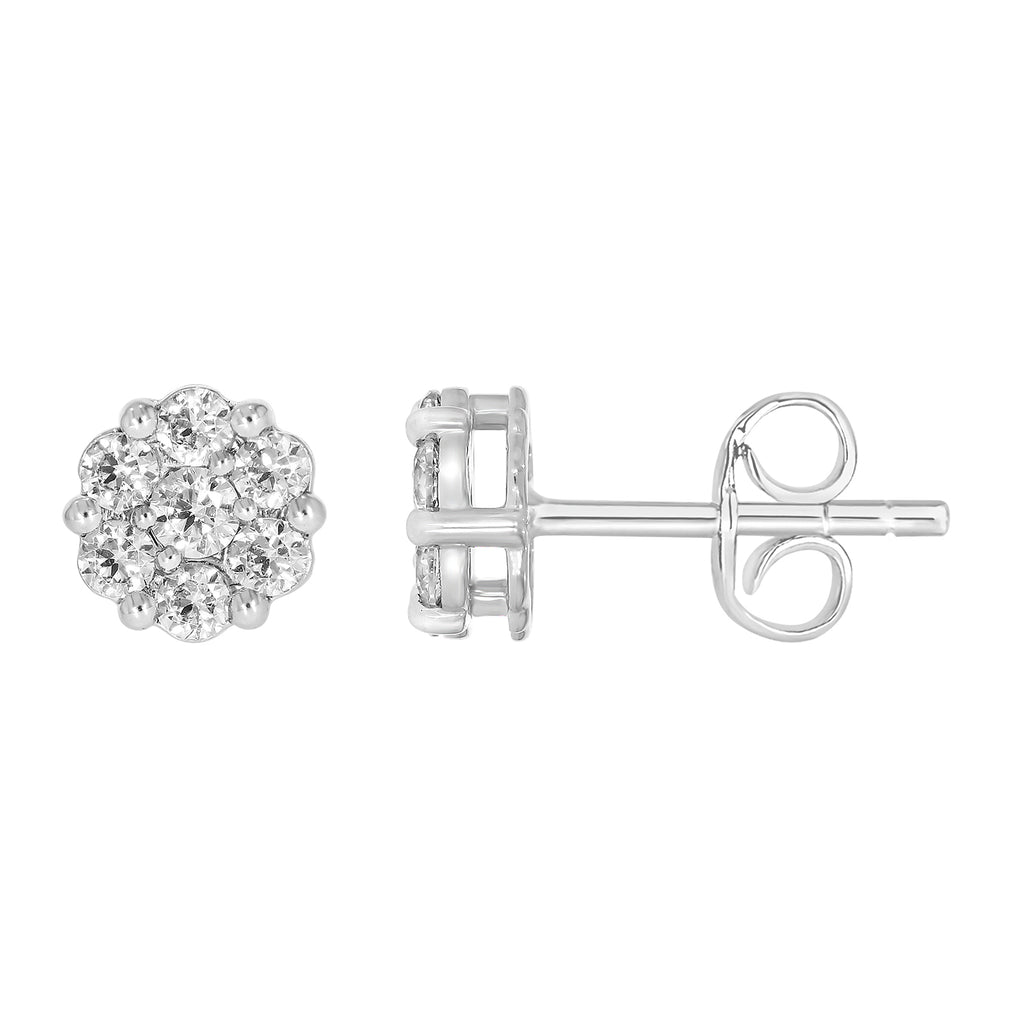 9ct White Gold 1 Carat Diamond Cluster Stud Earrings