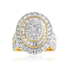 Load image into Gallery viewer, 9ct Yellow Gold 3 Carat Oval Cluster Diamond Ring with Brilliant &amp; Baguette Diamonds