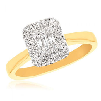 0.25ct Baguette & Round Duchess Halo Ring in 9ct Gold