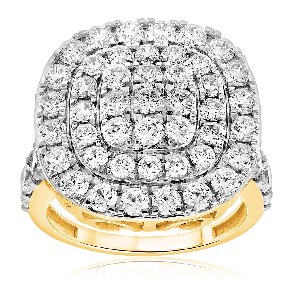9ct Yellow Gold 4 Carat Diamond Cushion Shape Cluster Ring