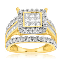 Load image into Gallery viewer, 9ct Yellow Gold 2 Carat Diamond Cushion Shape Cluster Ring