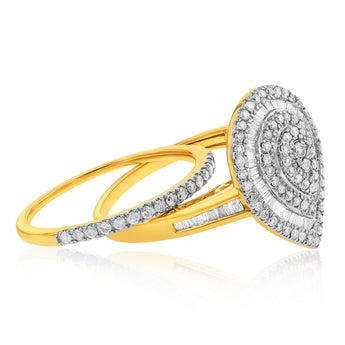 9ct Yellow Gold 1 Carat  Diamond Pear Shape Cluster 2-Ring Bridal Set