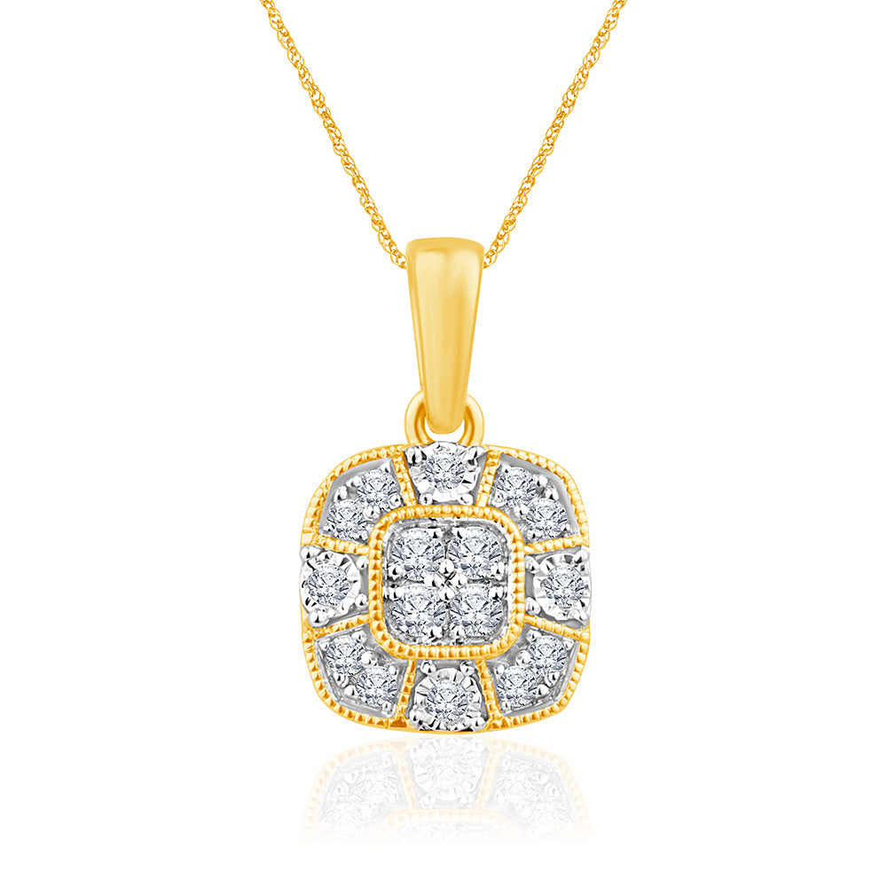 9ct Yellow Gold Cushion Shape Cluster Diamond Pendant on 45cm Chain