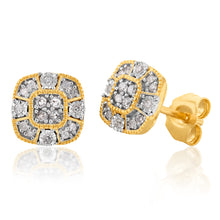 Load image into Gallery viewer, 9ct Yellow Gold Cushion Shape Cluster Diamond Stud Earrings