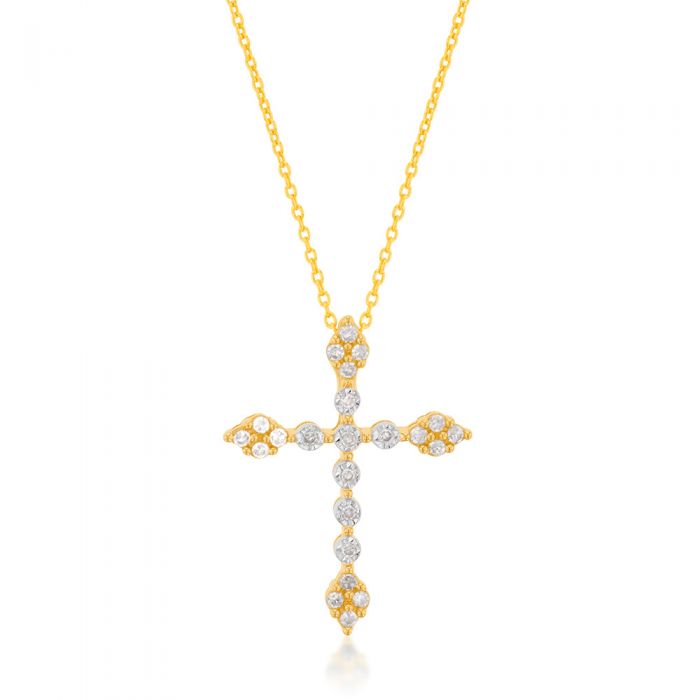 9ct Yellow Gold Diamond Cross with 23 Diamonds Chain Included