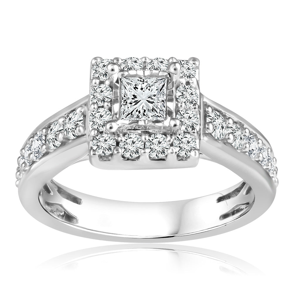 10ct White Gold 1 Carat Diamond Solitaire Fancy Ring In Halo Style