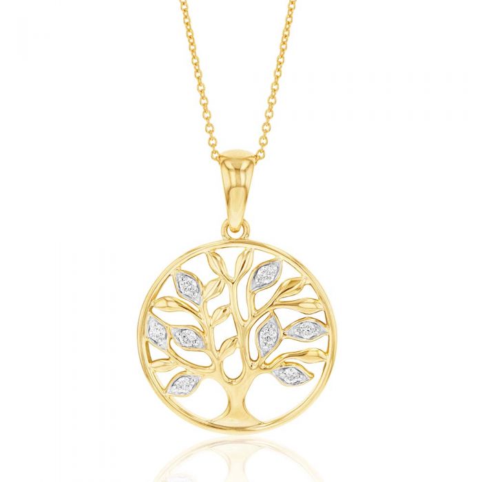 Flawless 10-14PT Diamond Tree of Life Pendant Set In 9ct Yellow Gold on Tiffany Chain