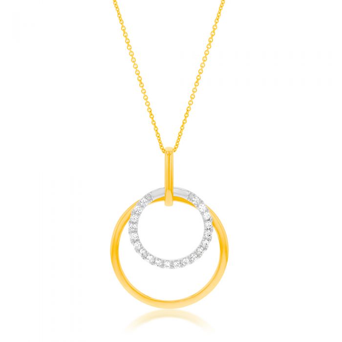 Flawless Cut 1/5 Carat Diamond Circle Pendant in 9ct Yellow Gold & White Gold + Chain