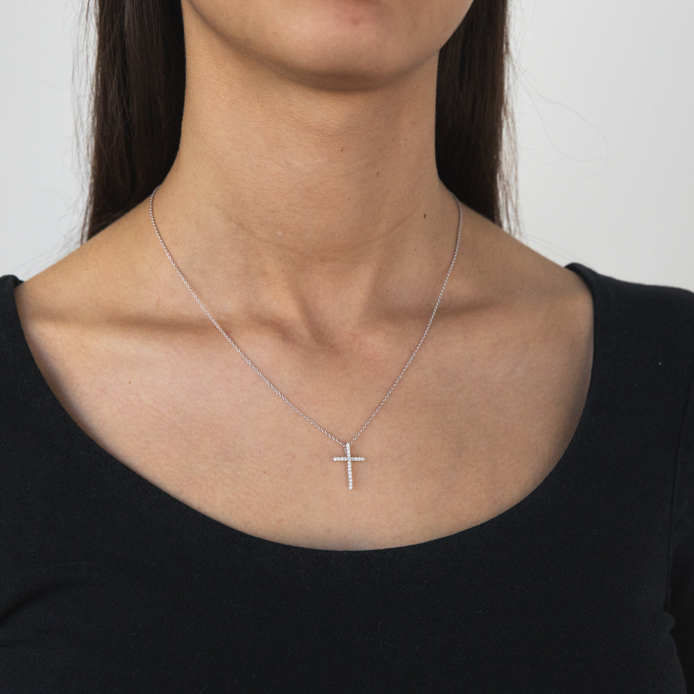 Memoire 18ct White Gold 1/5 Carat Diamond Single Prong Cross Pendant on 45cm Chain