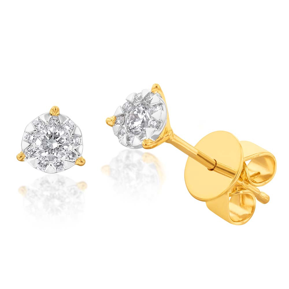 Memoire 18ct Yellow Gold 0.15 Carat Diamond 3 Prong Bouquet Style Stud Earrings
