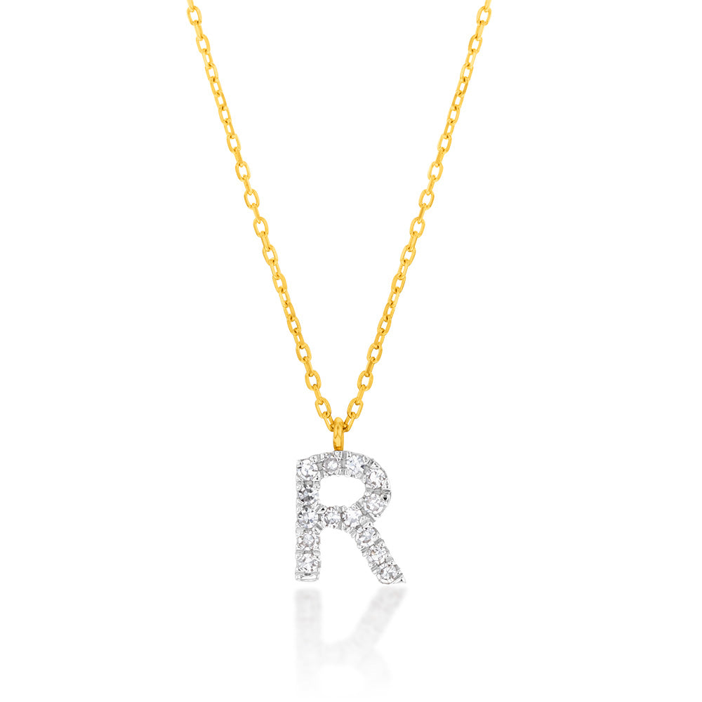 Luminesce Lab Diamond R Initial Pendant in 9ct Yellow Gold with Adjustable 45cm Chain