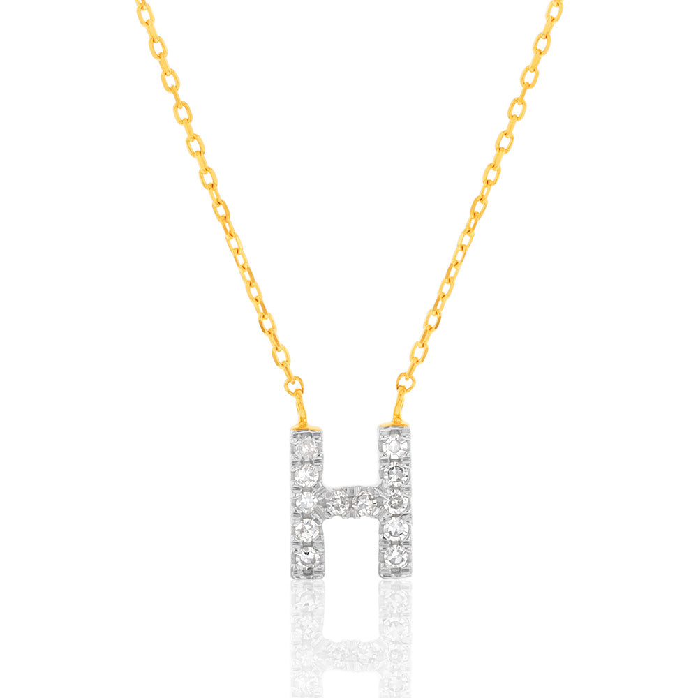 Luminesce Lab Diamond H Initial Pendant in 9ct Yellow Gold with Adjustable 45cm Chain