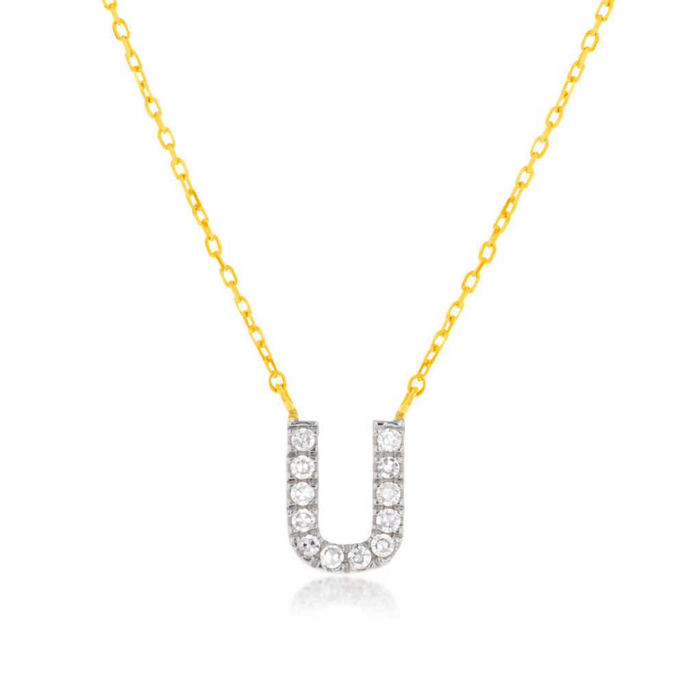 Luminesce Lab Diamond U Initial Pendant in 9ct Yellow Gold with Adjustable 45cm Chain