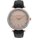 Ellis & Co Emily Crystal Set Black Leather Womens Watch With Rose Gold Tones
