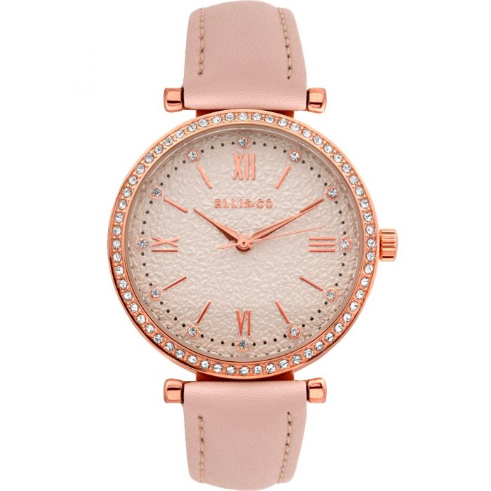 Ellis & Co Emily Crystal Set Rose Leather Band Womens Watch
