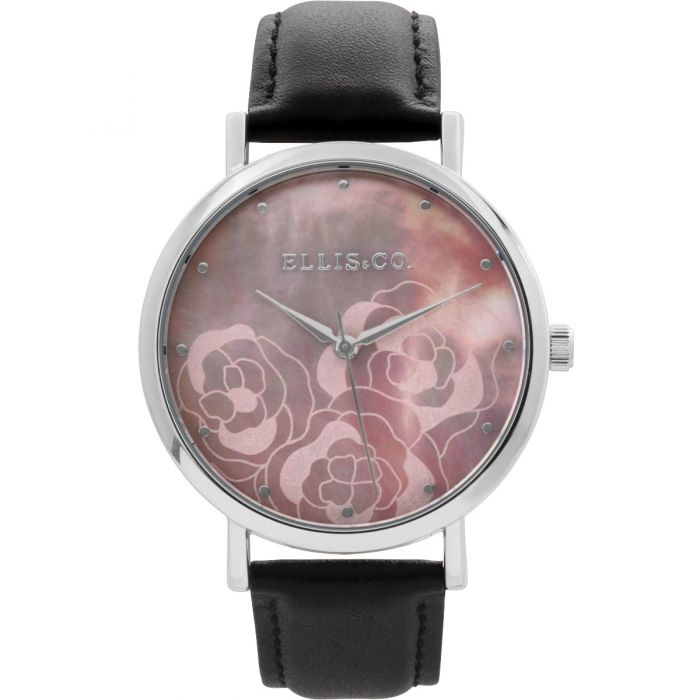 Ellis & Co Holly Mother of Pearl Rose Patterned Dial Black Leather