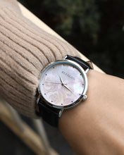 Load image into Gallery viewer, Ellis &amp; Co Holly Mother of Pearl Rose Patterned Dial Black Leather