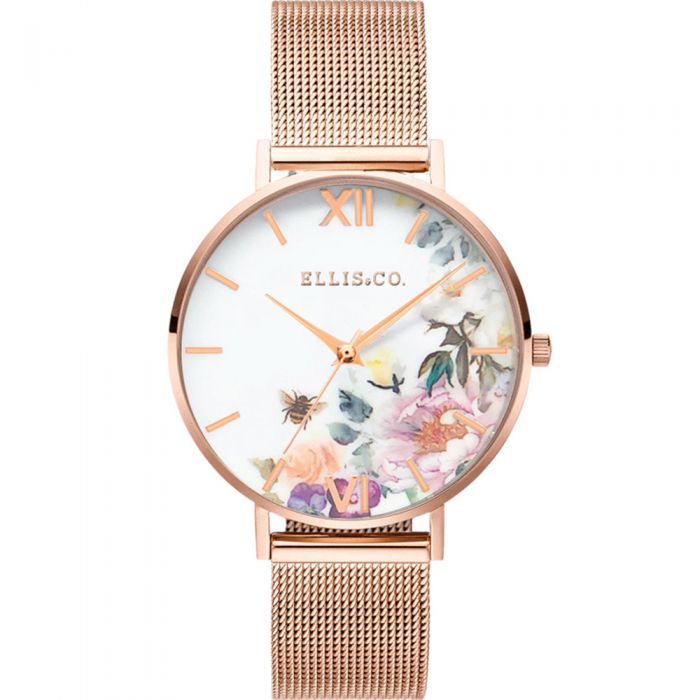 Ellis & Co 'Iris' Floral Rose Gold Tone Stainless Steel Mesh Bracelet Womens Watch