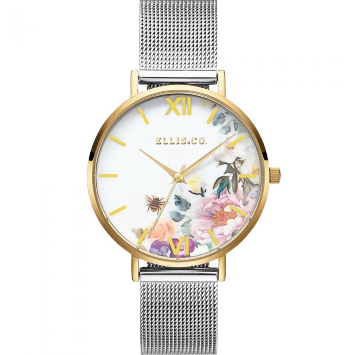 Ellis & Co 'Iris' Floral Stainless Steel Mesh With Gold Tone Face Womens Watch