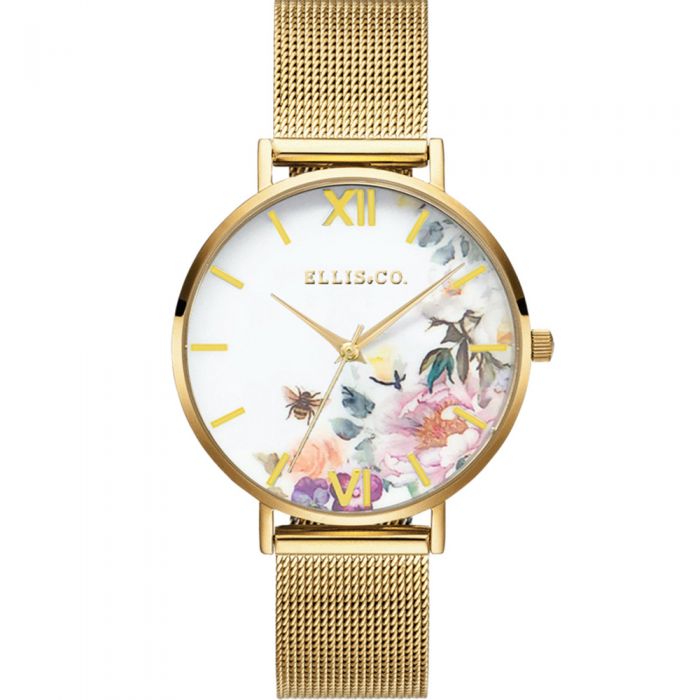 Ellis & Co 'Iris' Floral Gold Tone Stainless Steel Mesh Bracelet Womens Watch