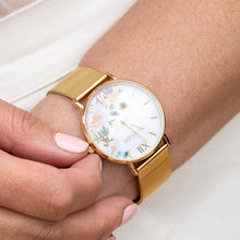 Load image into Gallery viewer, Ellis &amp; Co &#39;Iris&#39; Floral Gold Tone Stainless Steel Mesh Bracelet Womens Watch