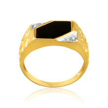 Load image into Gallery viewer, 9ct Yellow Gold Plain Onyx and Diamond Patterned Side Gents Ring