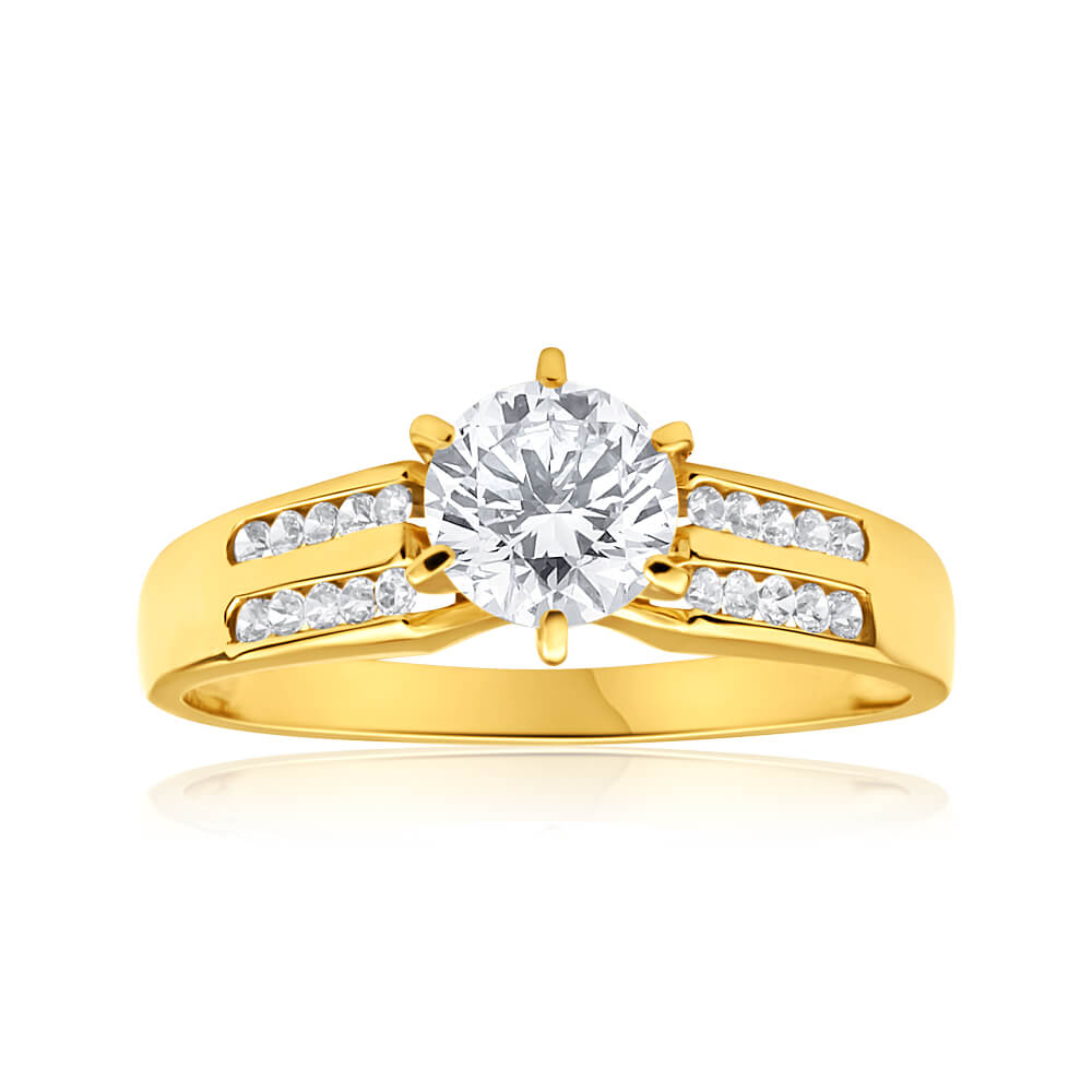 9ct Yellow Gold 6mm Solitaire and Channel Set Cubic Zirconia Ring