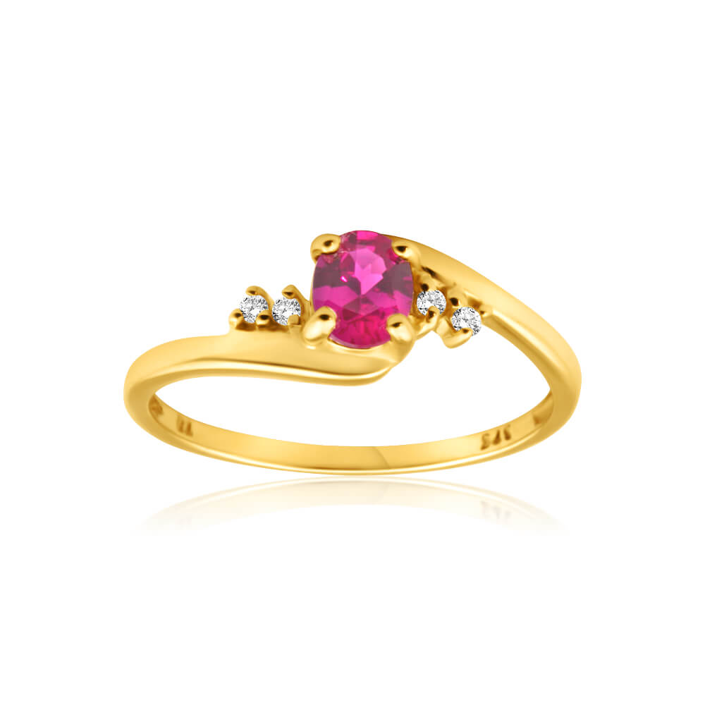 9ct Yellow Gold Created Ruby + 4 Cubic Zirconia Ring