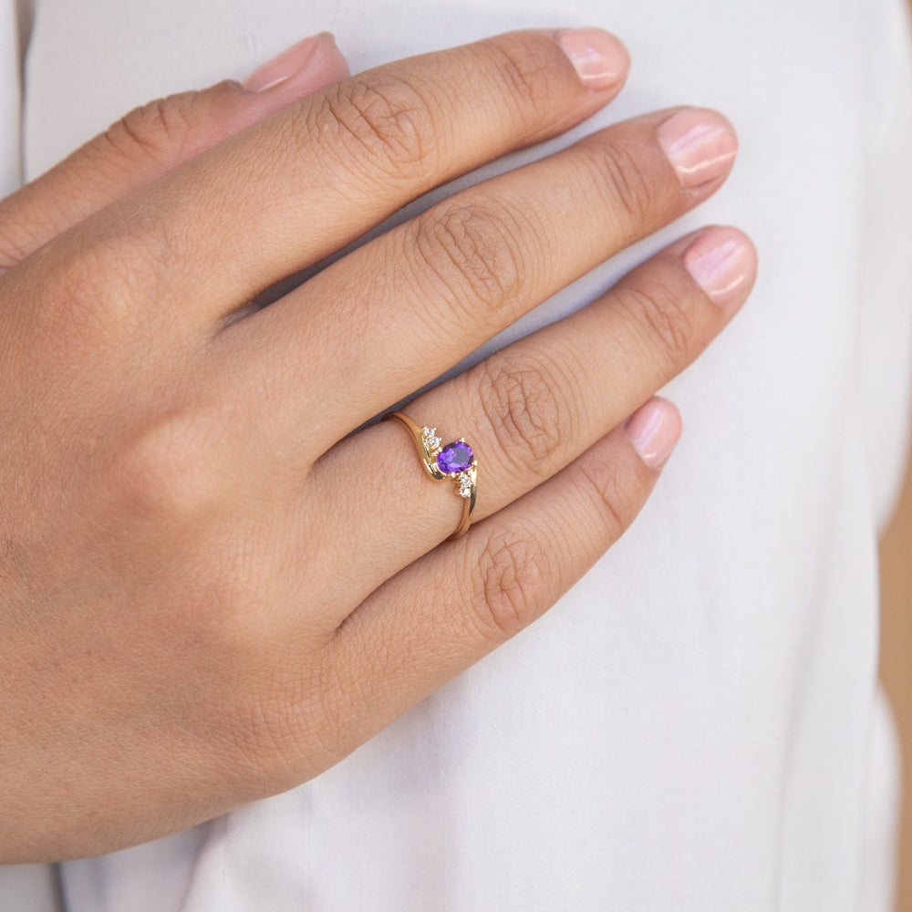 9ct Yellow Gold Amethyst + Cubic Zirconia Swirl Ring