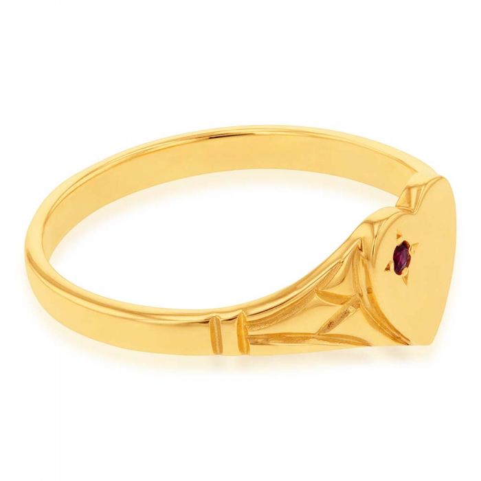 9ct Yellow Gold Ruby Heart Signet Ring Size L