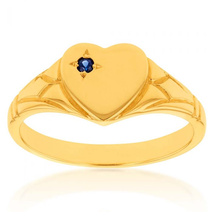 9ct Yellow Gold Sapphire Heart Signet Ring Size H
