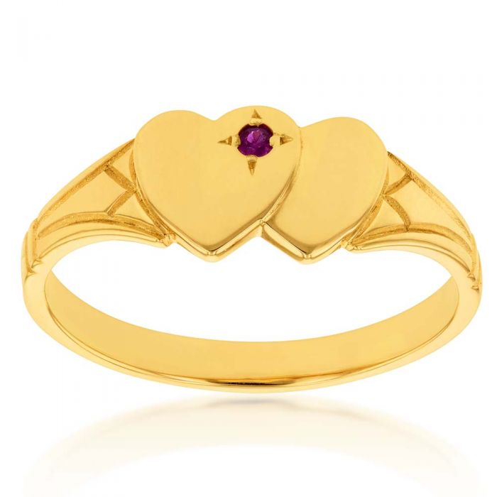 9ct Yellow Gold Ruby 2Heart Signet  Ring Size L