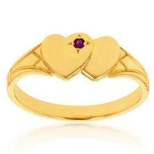 Load image into Gallery viewer, 9ct Yellow Gold Ruby 2Heart Signet Ring Size H