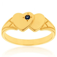Load image into Gallery viewer, 9ct Yellow Gold Sapphire 2Heart Signet Ring Size H