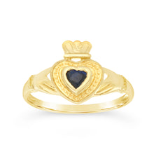 Load image into Gallery viewer, 9ct Yellow Gold Natural Sapphire Claddagh Ring