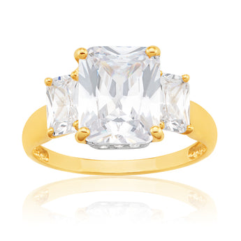 9ct Yellow Gold Cubic Zirconia Emerald Shape Trilogy Ring