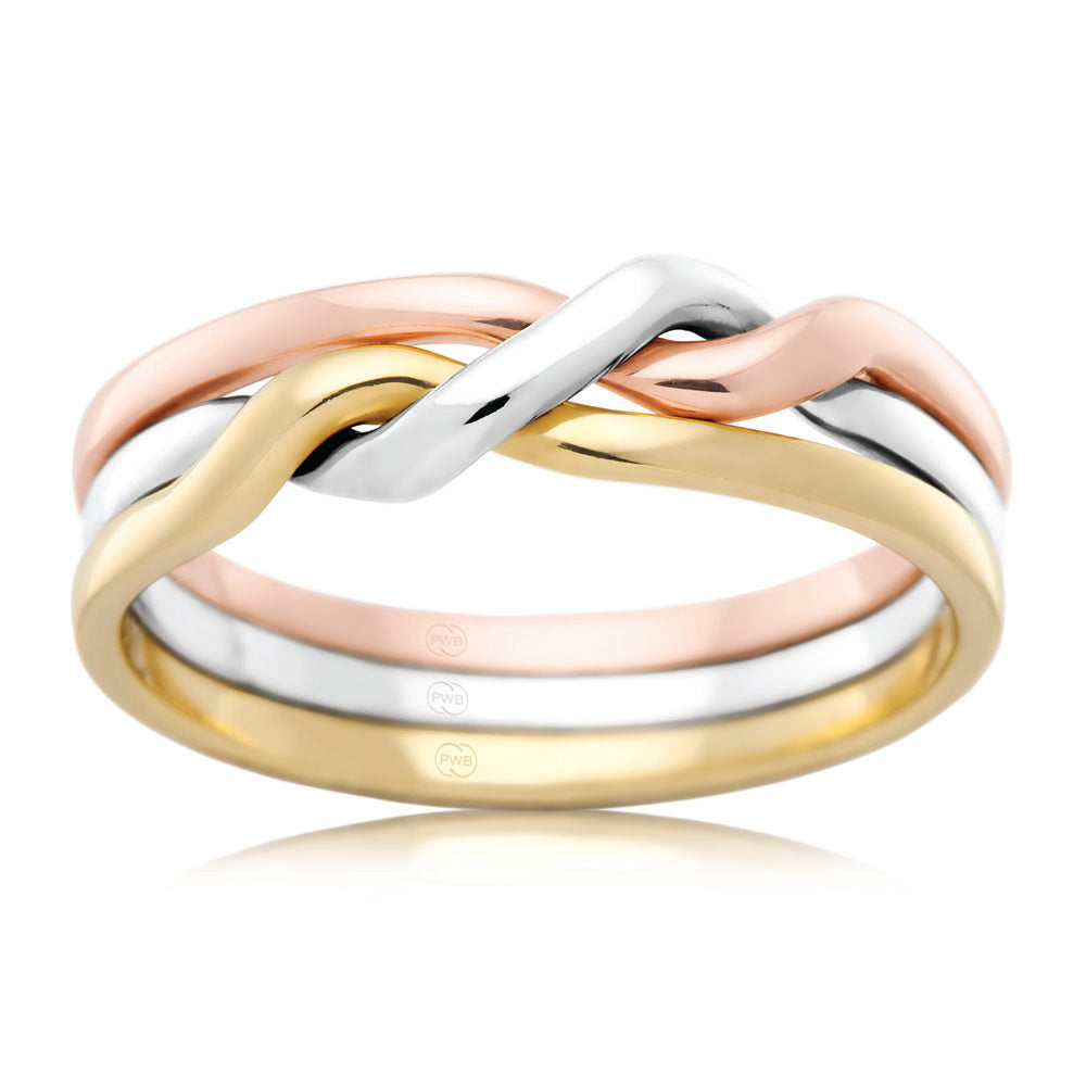 9ct Gold 3 Tone 7.5mm Cossack Ring with White, Yellow & Rose Gold. Size V