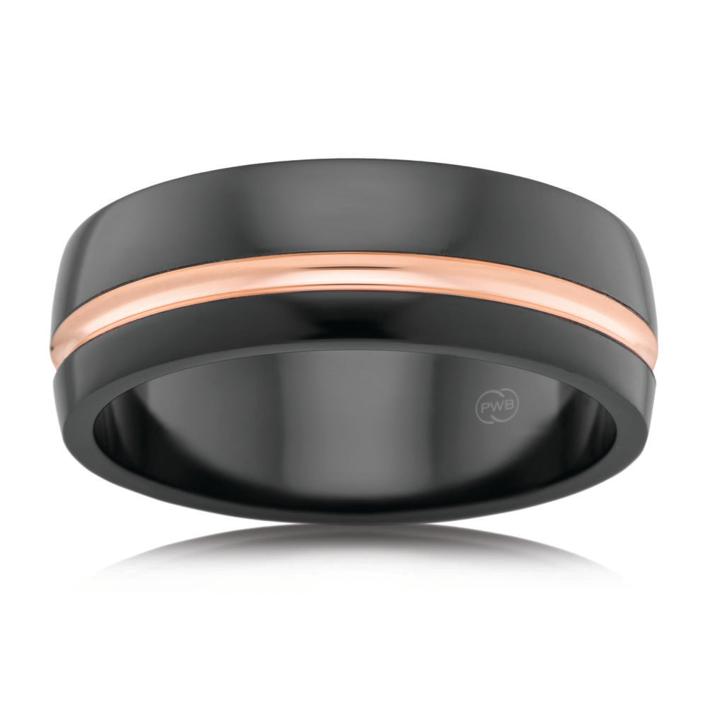 Zirconium and 9ct Rose Gold 8mm Gents Ring. Size U.