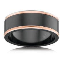 Load image into Gallery viewer, 9ct Rose Gold and Zirconium 8mm Gents Ring. Size T and U.