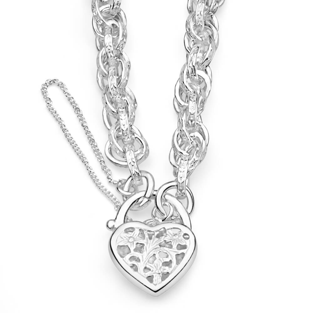 Sterling Silver Fancy Engraved Link Filigree Heart Bracelet