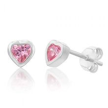 Load image into Gallery viewer, Sterling Silver Pink Cubic Zirconia Heart Stud Earrings