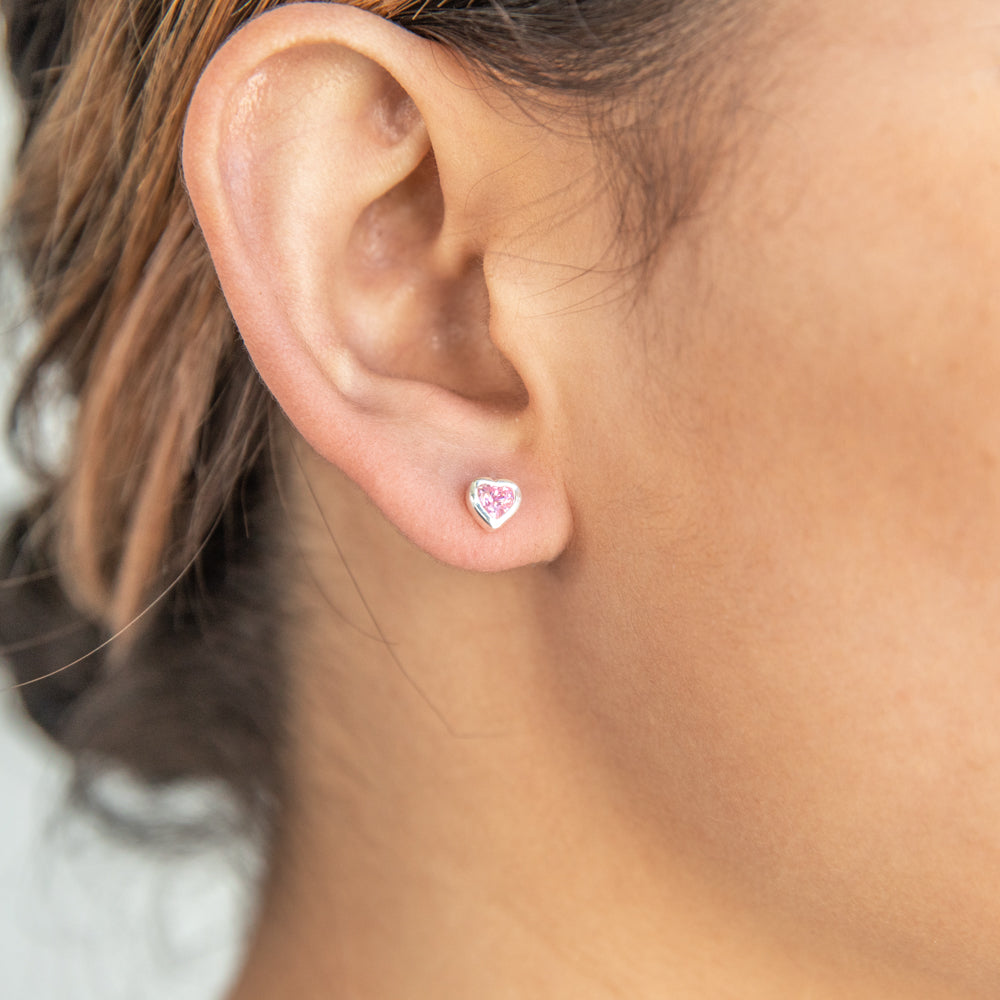 Sterling Silver Pink Cubic Zirconia Heart Stud Earrings