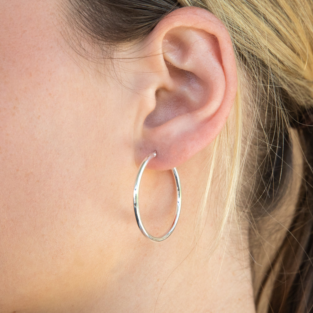Sterling Silver 30mm Plain Thin Hoop Earrings
