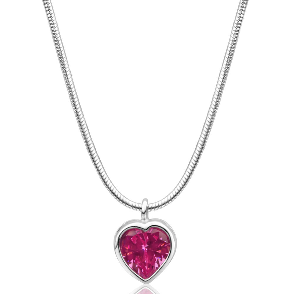 Sterling Silver Pink Cubic Zirconia Heart Pendant With 40cm Snake Chain