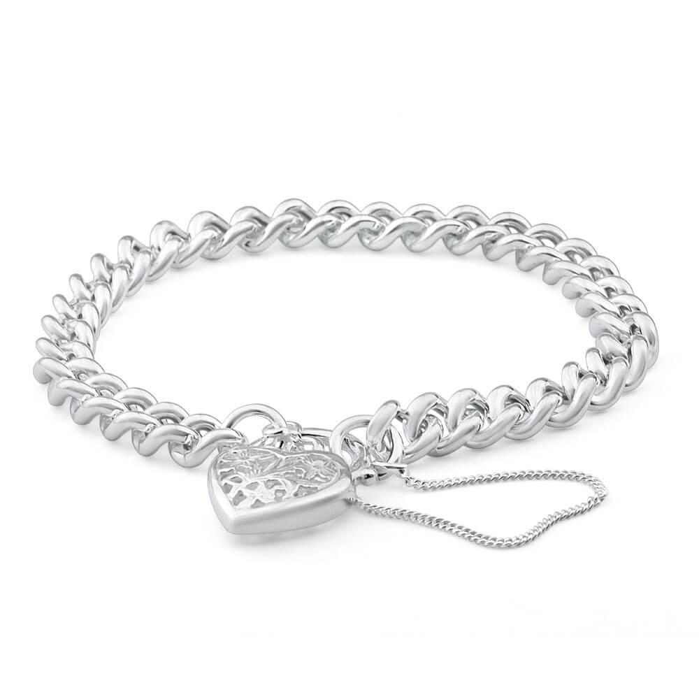 Sterling Silver Curb Filigree Heart Bracelet