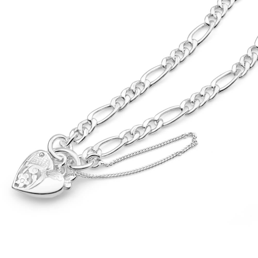 Sterling Silver Figaro 1:3 Heart Padlock Bracelet