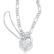 Load image into Gallery viewer, Sterling Silver Figaro 1:3 Heart Padlock Bracelet